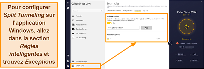 Capture d'écran de la fonction de liste blanche des règles intelligentes de CyberGhost VPN