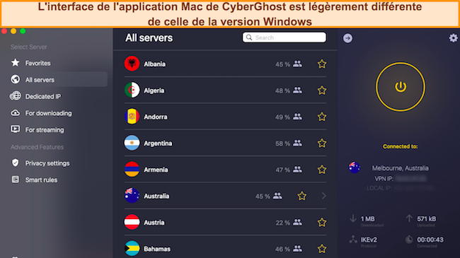 Capture d'écran de l'interface de l'application Mac de CyberGhost