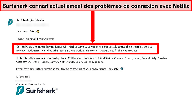 Capture d'écran de l'e-mail du service client de Surfshark indiquant que le service rencontre des problèmes de connexion aux serveurs Netflix.