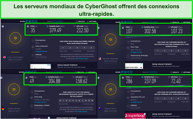 capture d'écran de tests de vitesse côte à côte avec l'application CyberGhost connectée à différents serveurs