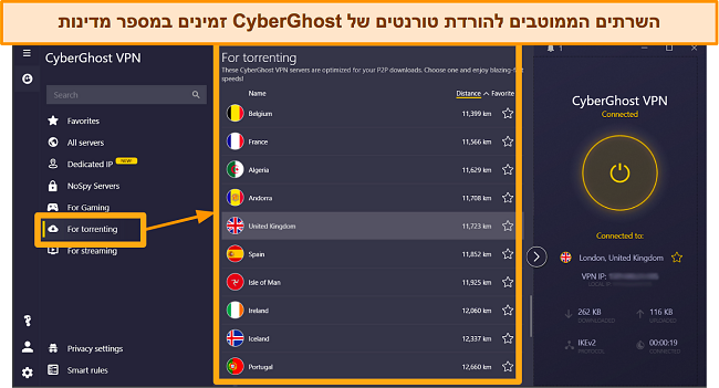 צילום מסך של השרתים המותאמים לטורנטים של CyberGhost באפליקציית Windows