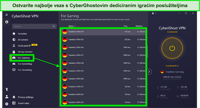 Snimka zaslona poslužitelja optimiziranih za igranje CyberGhosta u aplikaciji Windows
