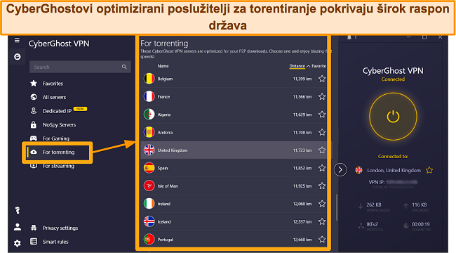 Snimka zaslona poslužitelja CyberGhosta optimiziranih za torrenting u aplikaciji Windows