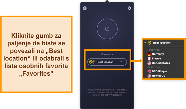 Snimka zaslona CyberGhost VPN-ove značajke najbolje lokacije u aplikaciji