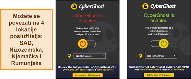 Snimka zaslona proširenja CyberGhost VPN preglednika