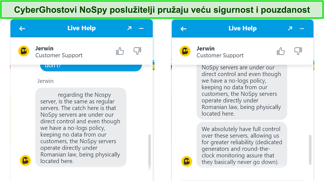Snimka zaslona CyberGhostovog agenta za chat uživo koji objašnjava povećanu sigurnost i pouzdanost NoSpy poslužitelja.