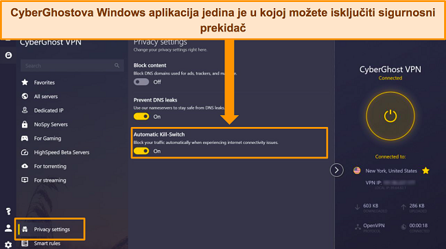 Snimka zaslona aplikacije CyberGhost za Windows s označenom opcijom Automatic Kill Switch.