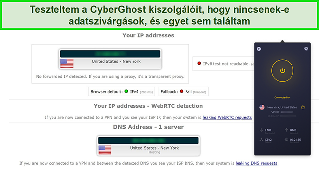 Pillanatkép egy CyberGhost VPN-ről, amely egy amerikai szerverhez csatlakozik és sikeresen teljesíti az IP-kiszivárgási tesztet