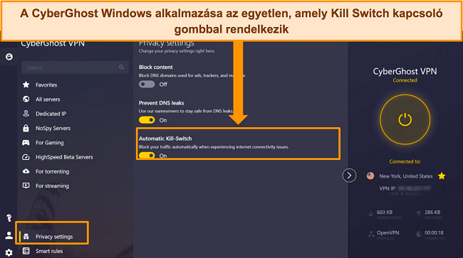 Képernyőkép a CyberGhost Windows-alkalmazásáról az Automatic Kill Switch opció kiemelésével.