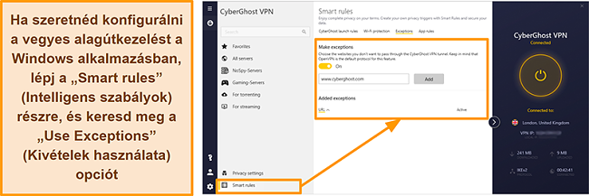 Pillanatkép a CyberGhost VPN Smart Rules Whitelister szolgáltatásáról