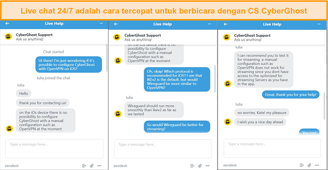 Tangkapan layar dari obrolan langsung CyberGhost