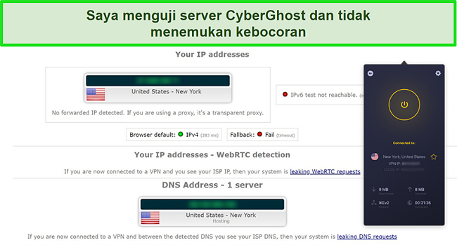 Tangkapan layar dari CyberGhost VPN yang tersambung ke server AS dan berhasil lulus uji kebocoran IP