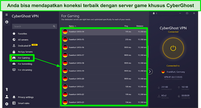 Tangkapan layar server CyberGhost yang dioptimalkan untuk permainan di aplikasi Windows