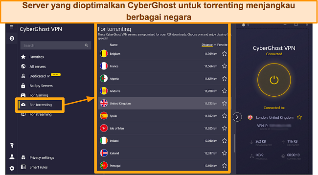 Tangkapan layar server CyberGhost yang dioptimalkan untuk torrent di aplikasi Windows