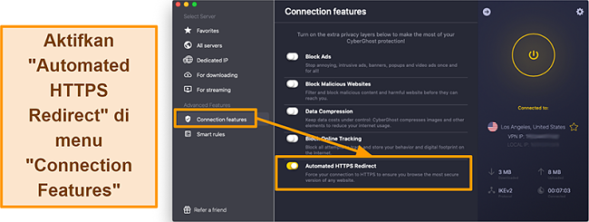 Tangkapan layar dari fitur Pengalihan HTTPS Otomatis VPN CyberGhost