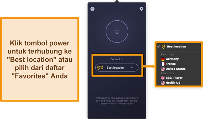 ID-CyberGhost-VPN-Best-Location-Feature-Indonesian Tangkapan layar fitur Lokasi Terbaik VPN CyberGhost di aplikasi