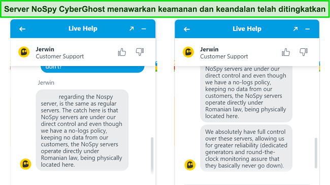 Cuplikan layar agen obrolan langsung CyberGhost menjelaskan peningkatan keamanan dan keandalan server NoSpy.