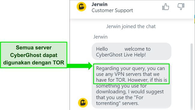Cuplikan layar obrolan langsung CyberGhost mengonfirmasi kompatibilitasnya dengan browser Tor.