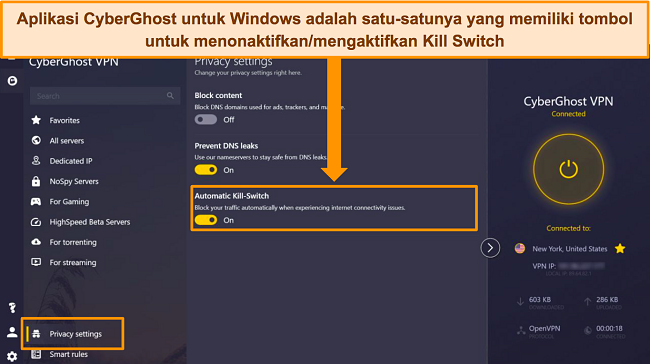 Cuplikan layar aplikasi Windows CyberGhost dengan opsi Automatic Kill Switch disorot.