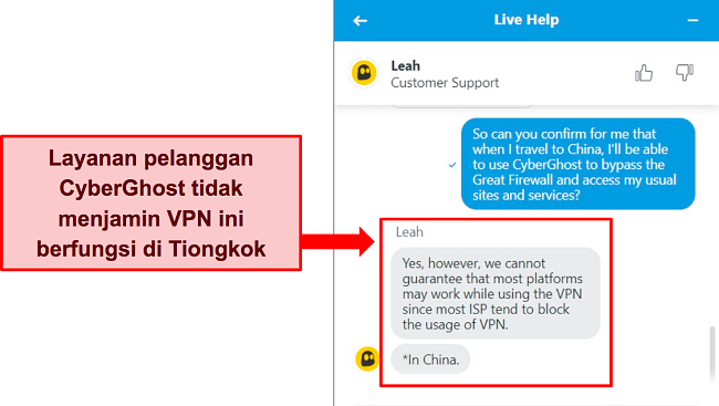 Cuplikan layar obrolan langsung CyberGhost yang menyatakan bahwa VPN tidak dijamin berfungsi di China.