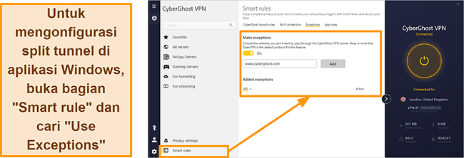 Tangkapan layar dari fitur Daftar Putih Aturan Cerdas VPN CyberGhost