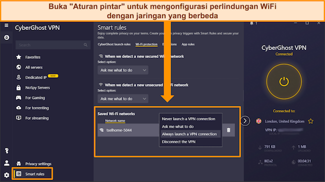 Tangkapan layar pengaturan Perlindungan WiFi di aplikasi CyberGhost