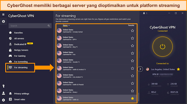 Cuplikan layar daftar server CyberGhost yang dioptimalkan untuk streaming untuk platform populer