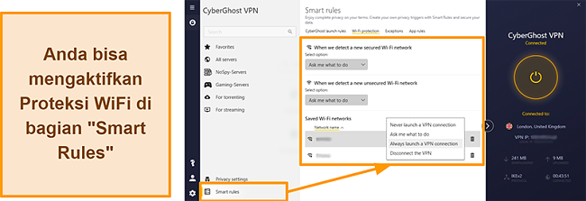 Tangkapan layar dari fitur Perlindungan WiFi CyberGhost VPN