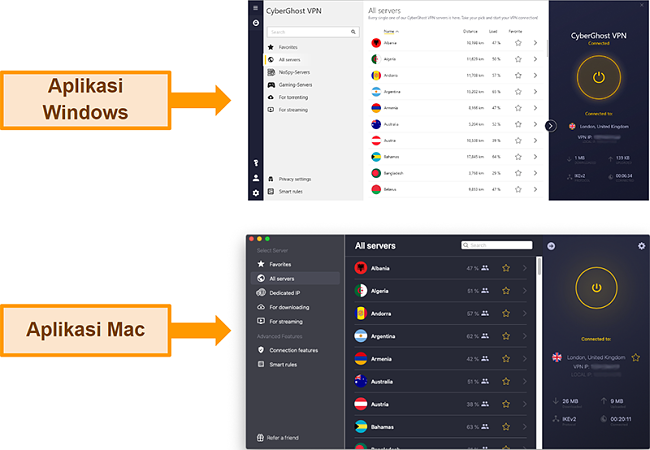 Tangkapan layar aplikasi CyberGhost VPN di Windows versus Mac