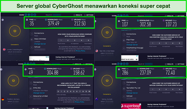 tangkapan layar tes kecepatan berdampingan di samping aplikasi CyberGhost yang terhubung ke server yang berbeda