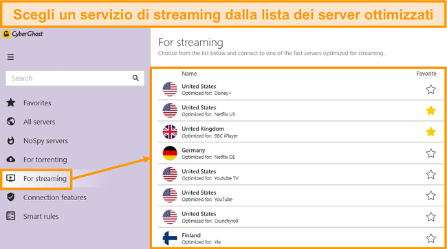 Screenshot dei server di streaming ottimizzati di CyberGhost sull'app di Windows