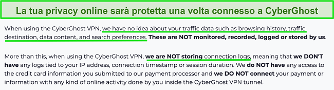 Screenshot della dichiarazione sulla privacy di CyberGhost VPN sul suo sito web