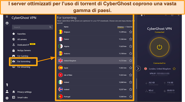 Screenshot dei server ottimizzati per il torrent di CyberGhost sull'app Windows