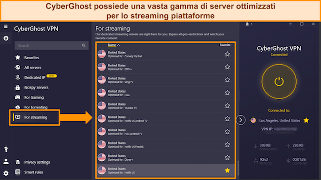Screenshot dell'elenco di CyberGhost di server ottimizzati per lo streaming per le piattaforme più diffuse