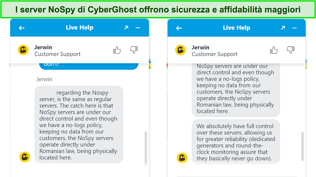 Screenshot dell'agente di chat dal vivo di CyberGhost che spiega la maggiore sicurezza e affidabilità dei server NoSpy.