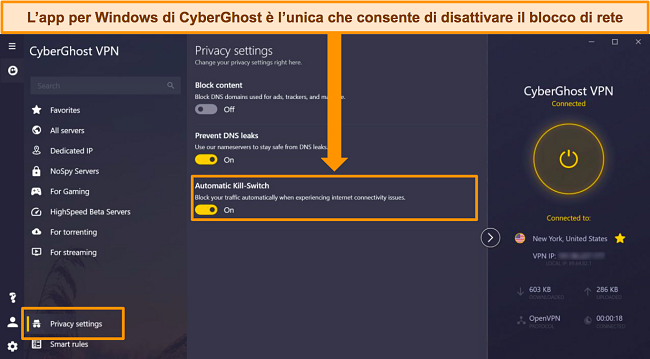 Screenshot dell'app Windows di CyberGhost con l'opzione Kill Switch automatico evidenziata.