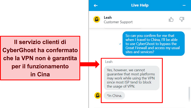 Screenshot della live chat di CyberGhost che afferma che la VPN non è garantita per funzionare in Cina.