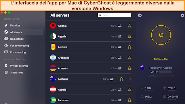Screenshot dell'interfaccia dell'app per Mac di CyberGhost