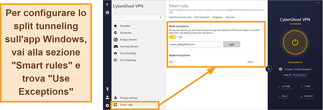 Screenshot della funzione Whitelister regole intelligenti di CyberGhost VPN