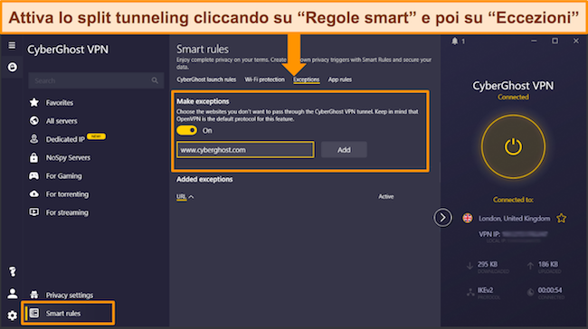 Screenshot della funzione split tunneling di CyberGhost sulla sua app per Windows