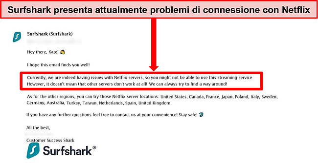 Screenshot dell'e-mail del servizio clienti di Surfshark in cui si afferma che il servizio ha problemi di connessione ai server Netflix.