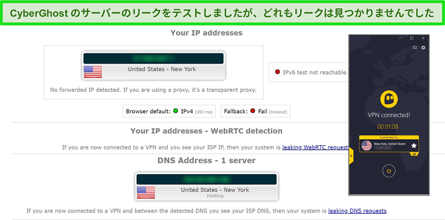 米国のサーバーに接続されたCyberGhostを使用したIPおよびDNSリークテスト結果のスクリーンショット