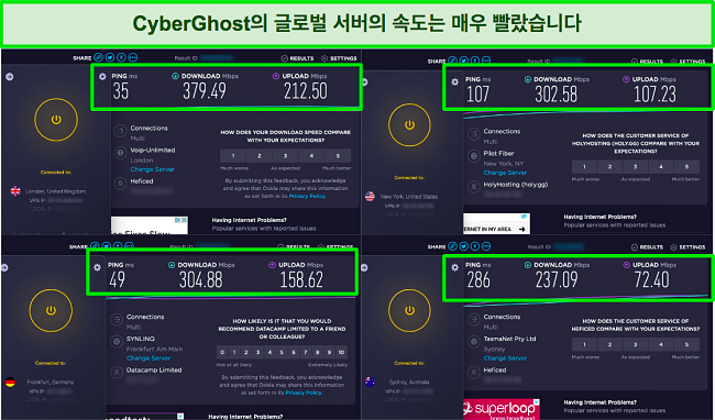 다른 서버에 연결된 CyberGhost 앱과 나란히 속도 테스트를 하는 스크린샷