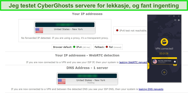 Skjermbilde av IP- og DNS-lekkasjetestresultat med CyberGhost koblet til en amerikansk server