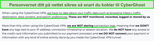 Skjermbilde av CyberGhost VPN personvernerklæring på nettstedet