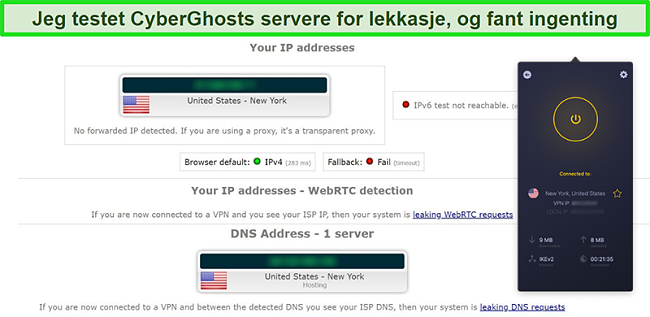 Skjermbilde av CyberGhost VPN koblet til en amerikansk server og bestått en IP-lekkasjetest