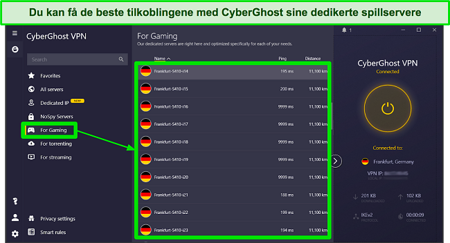 Skjermbilde av CyberGhosts spilloptimaliserte servere på Windows-appen