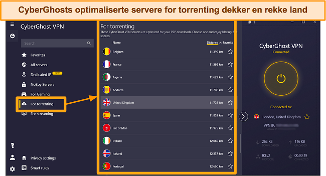 Skjermbilde av CyberGhosts torrent-optimaliserte servere på Windows-appen