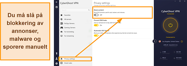 Skjermbilde av CyberGhost VPNs annonse-, tracker- og malware-blokkering