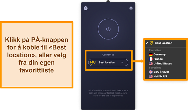 NB-CyberGhost-VPN-Best-Location-Feature-Norwegian Skjermbilde av CyberGhost VPNs Best Location-funksjon i appen